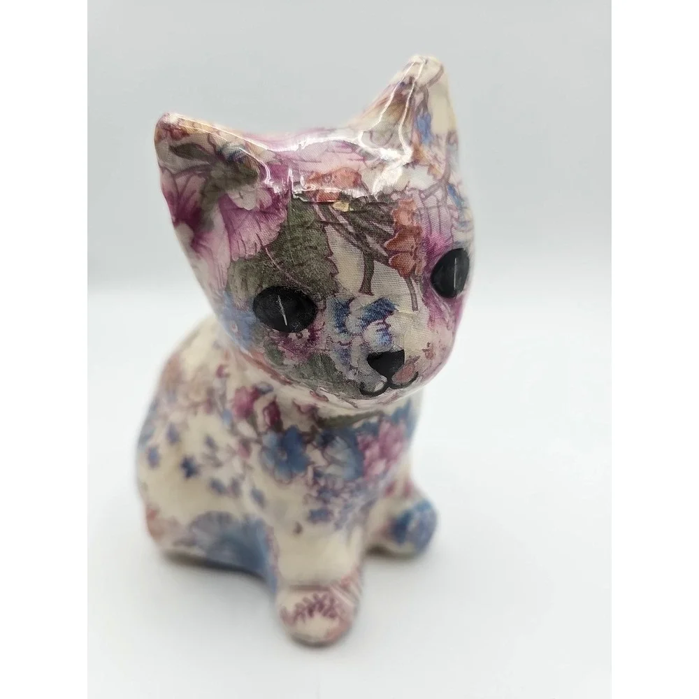 Vintage Floral Decoupage Cat Figurine Paper Mache Folk Art Statue 6